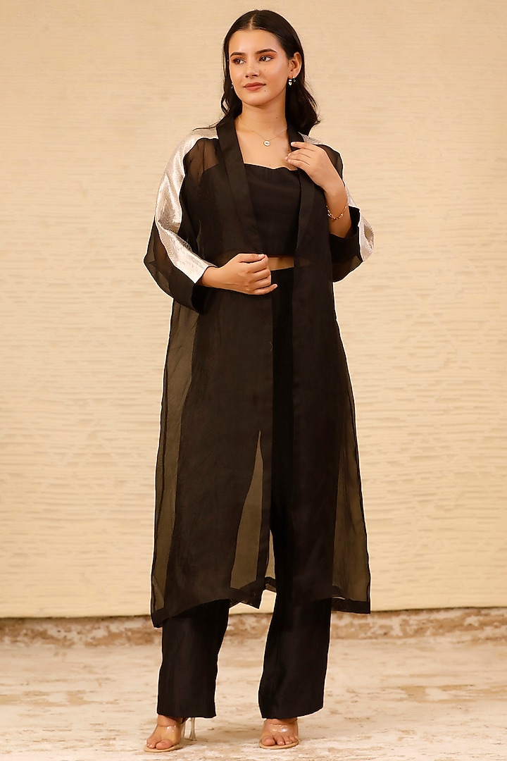 Black Tissue Silk Overlay Jacket Set by EEDA at Pernia's Pop Up Shop