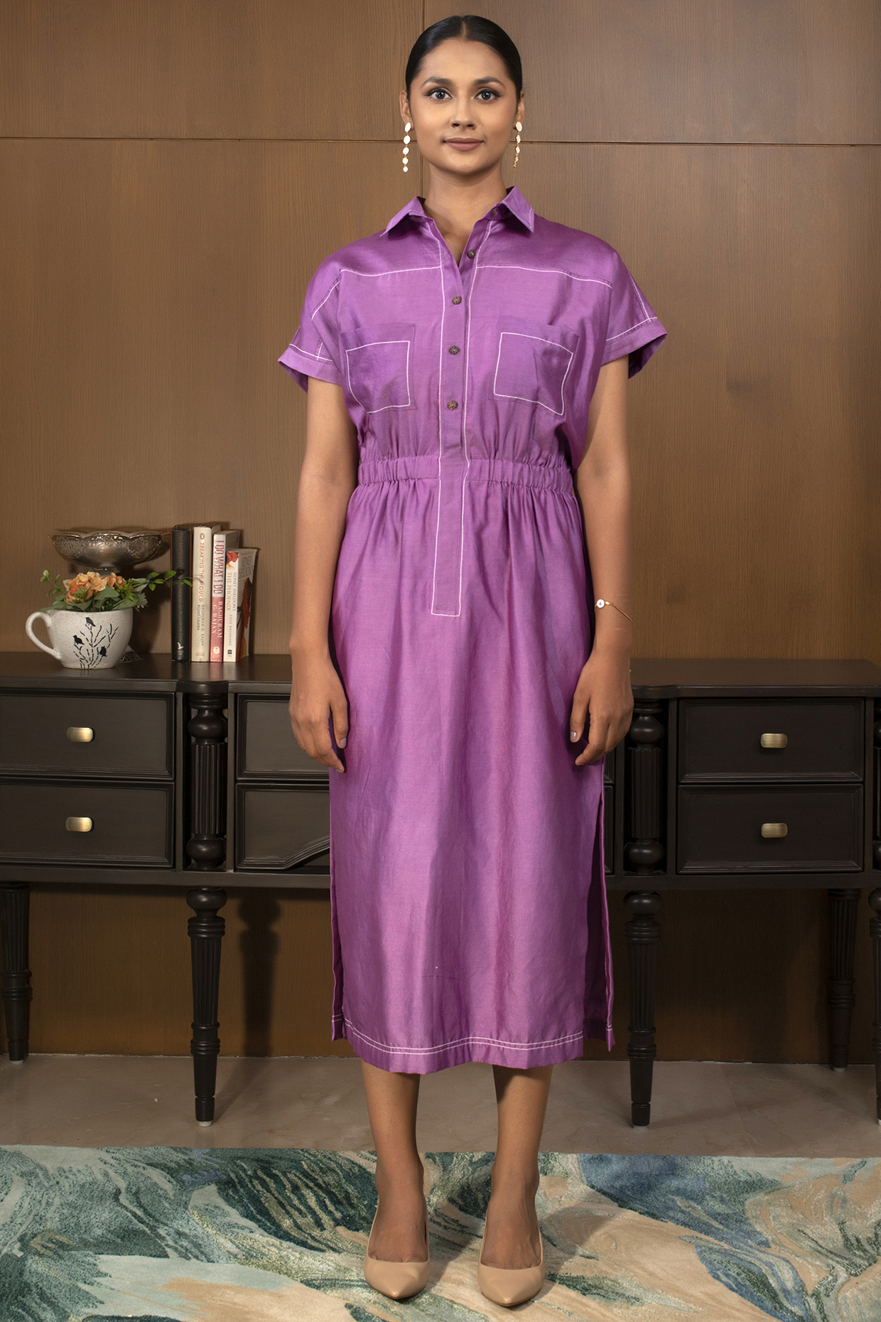 Purple Chanderi Collared Summer Dress by EEDA at Pernia's Pop Up Shop