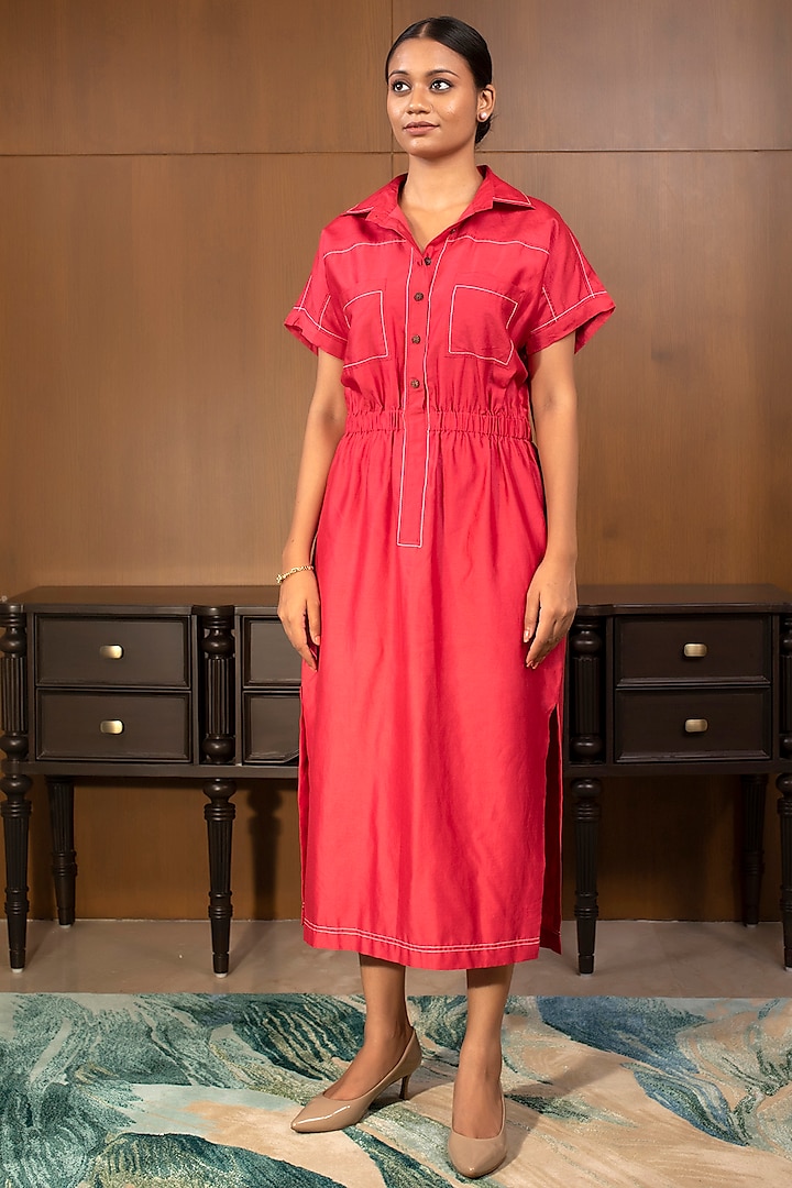 Red Chanderi Collared Summer Dress by EEDA at Pernia's Pop Up Shop