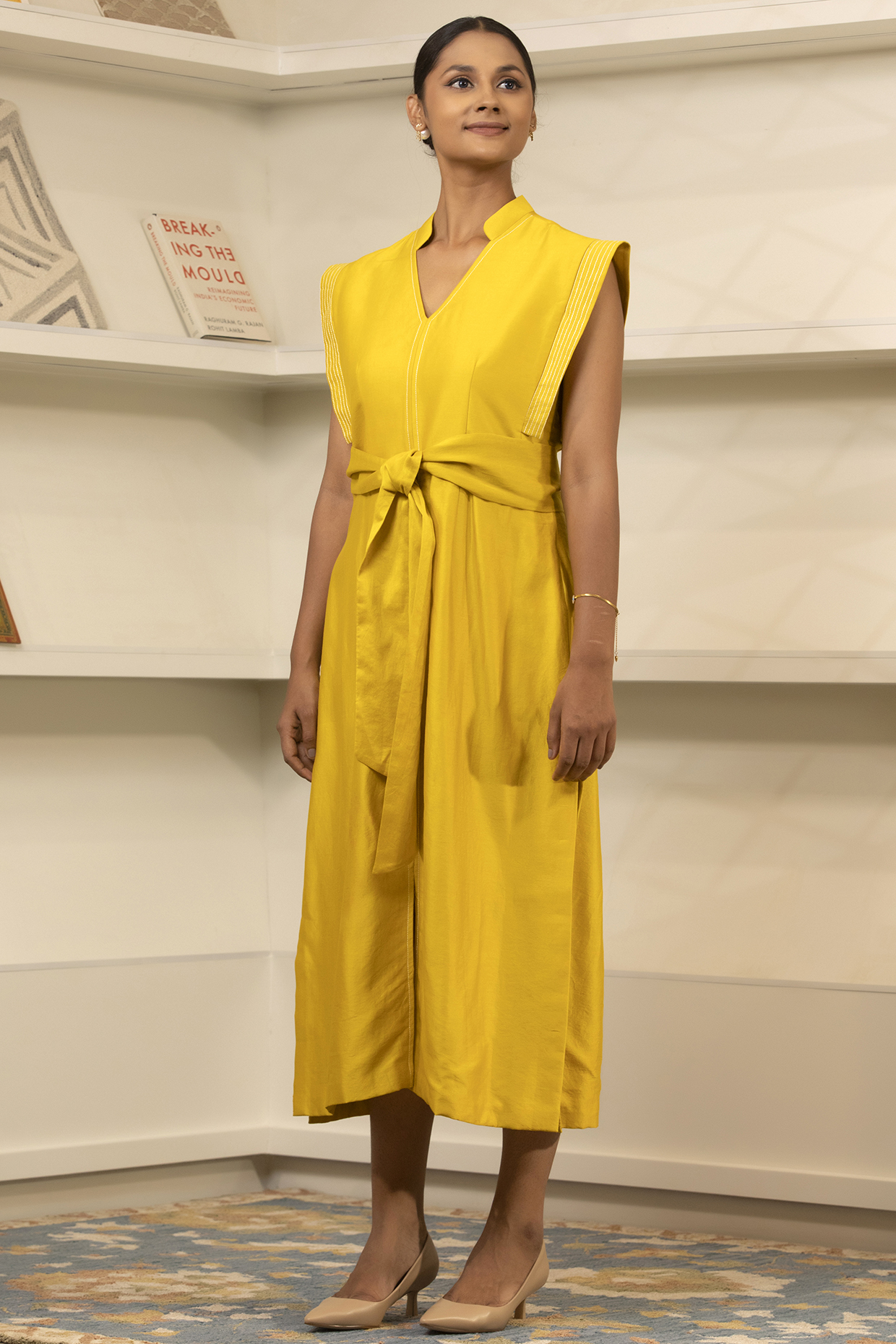 Yellow Chanderi Collared Summer Dress by EEDA at Pernia's Pop Up Shop