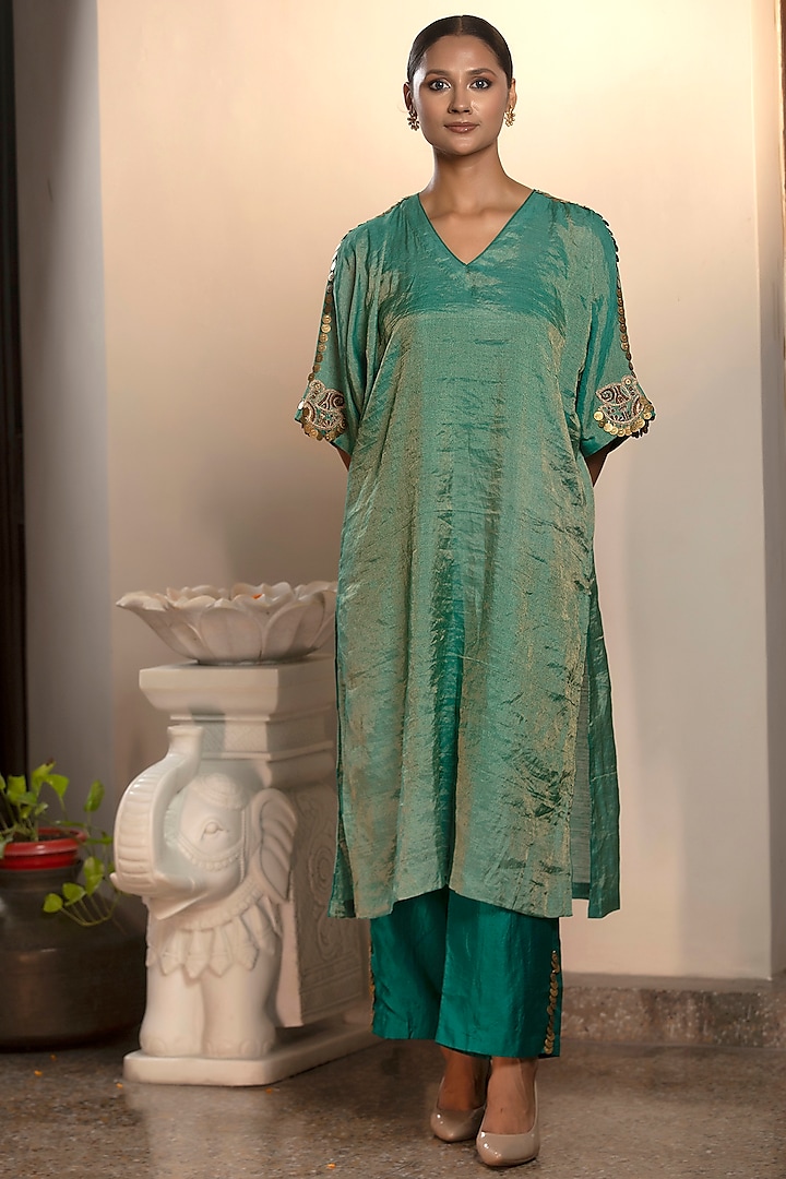 Green Moonga Tissue Hand Embroidered Kurta Set by EEDA at Pernia's Pop Up Shop