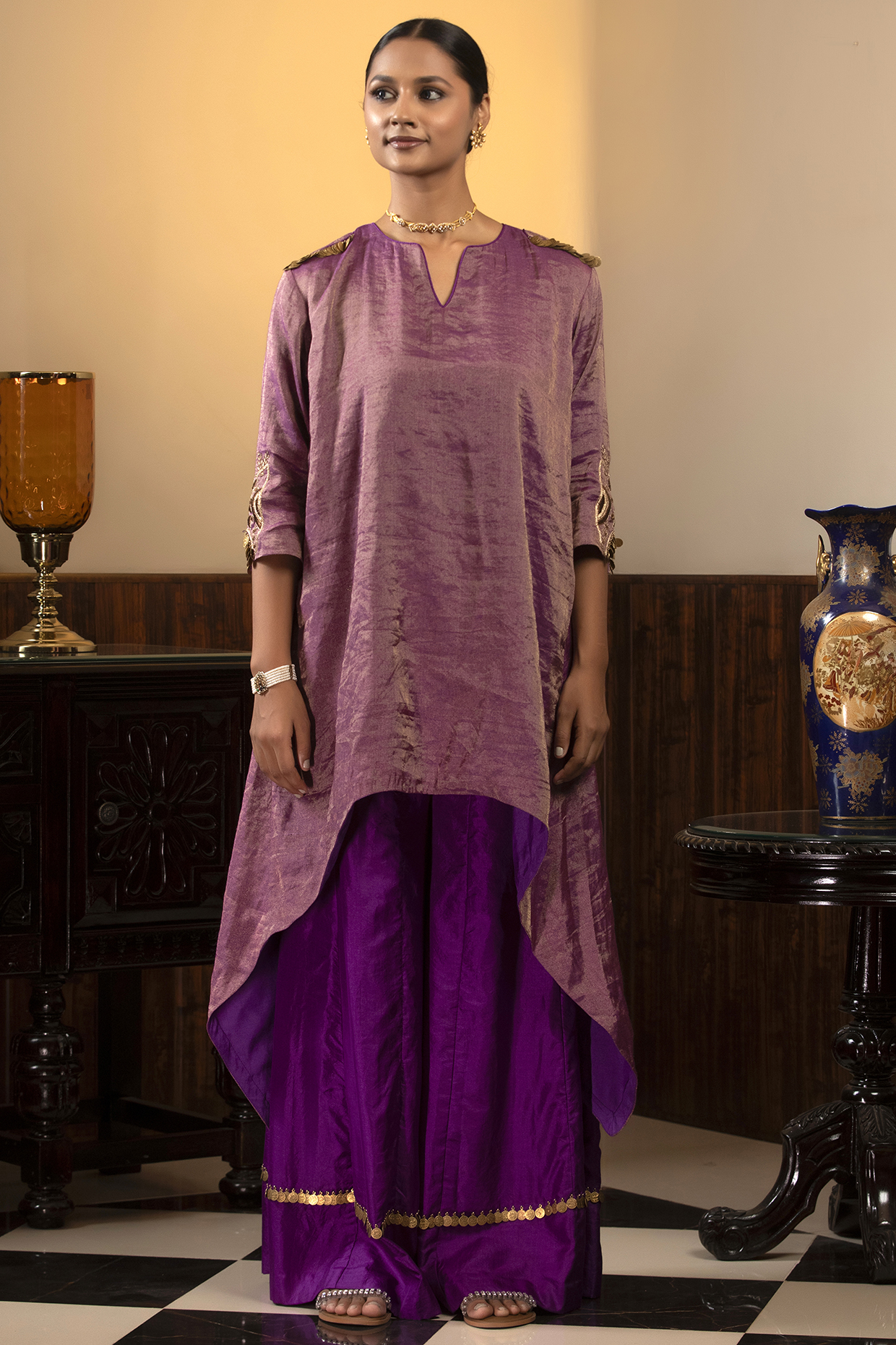 Purple Moonga Tissue Zardosi Embellished High-Low Kurta Set by EEDA at Pernia's Pop Up Shop