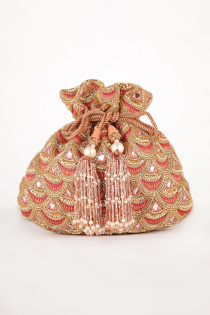 Pink Hand Embroidered Potli Bag by EENA