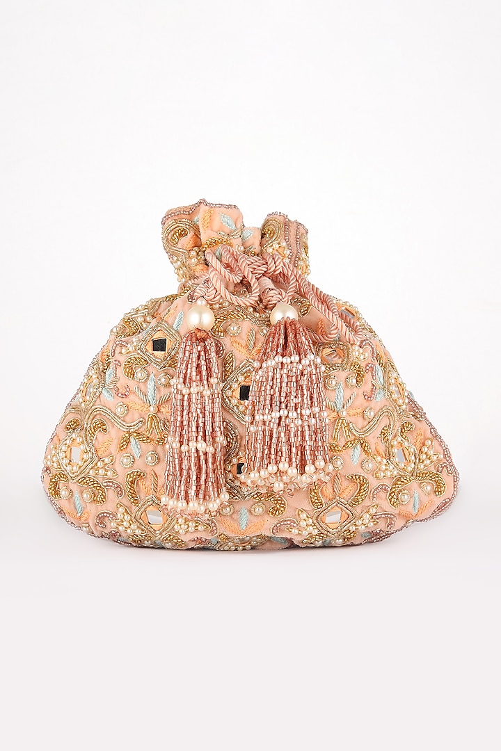 Pink Zardosi Hand Embroidered Potli Bag by EENA