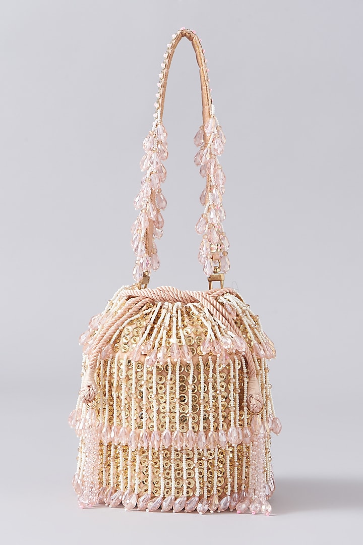 Pink Velvet Hand Embroidered Bucket Bag by EENA