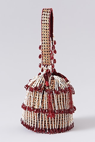 Red Velvet Hand Embroidered Bucket Bag by EENA