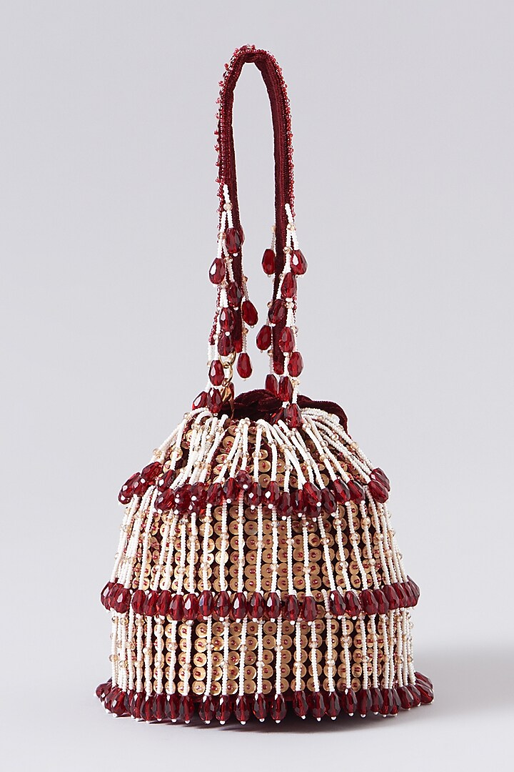 Red Velvet Hand Embroidered Bucket Bag by EENA at Pernia's Pop Up Shop