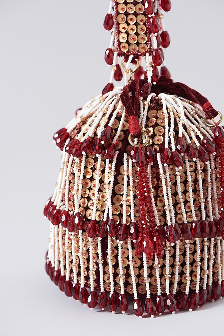 Red Velvet Hand Embroidered Bucket Bag by EENA at Pernia's Pop Up Shop