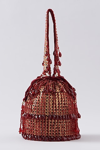 Red Velvet Hand Embroidered Bucket Bag by EENA