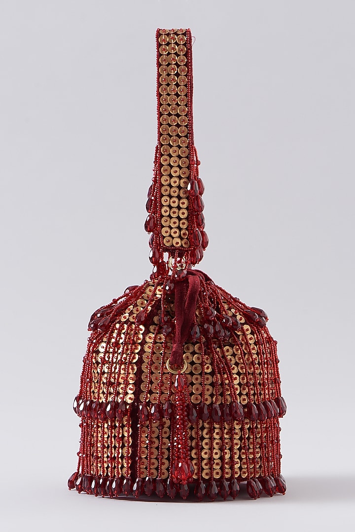 Red Velvet Hand Embroidered Bucket Bag by EENA at Pernia's Pop Up Shop