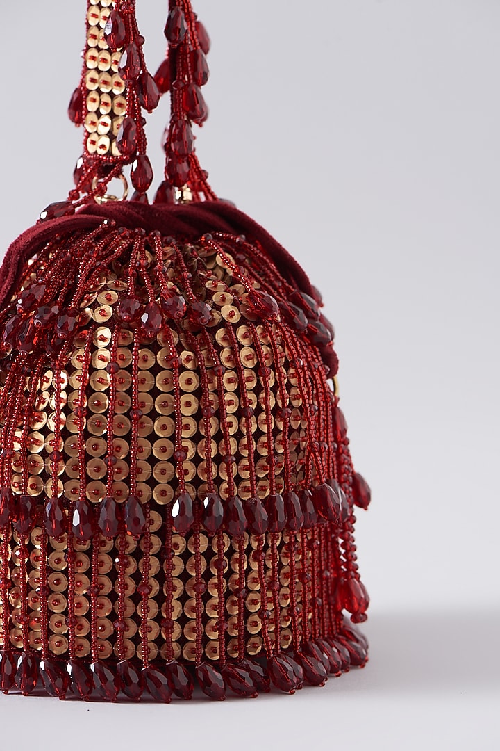 Red Velvet Hand Embroidered Bucket Bag by EENA at Pernia's Pop Up Shop