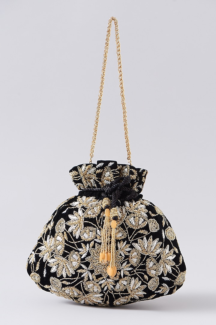 Black Velvet Embellished Round-Shaped Bag by EENA