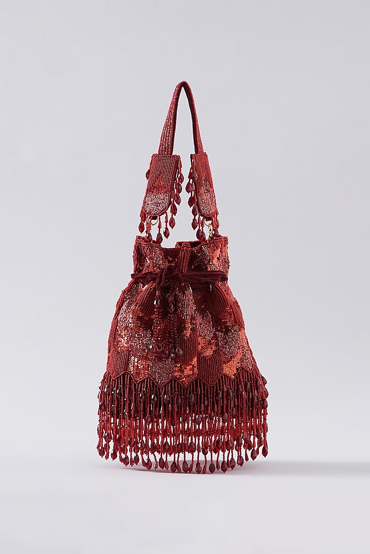 Red Velvet & Faux Suede Hand Embroidered Potli Bag by EENA