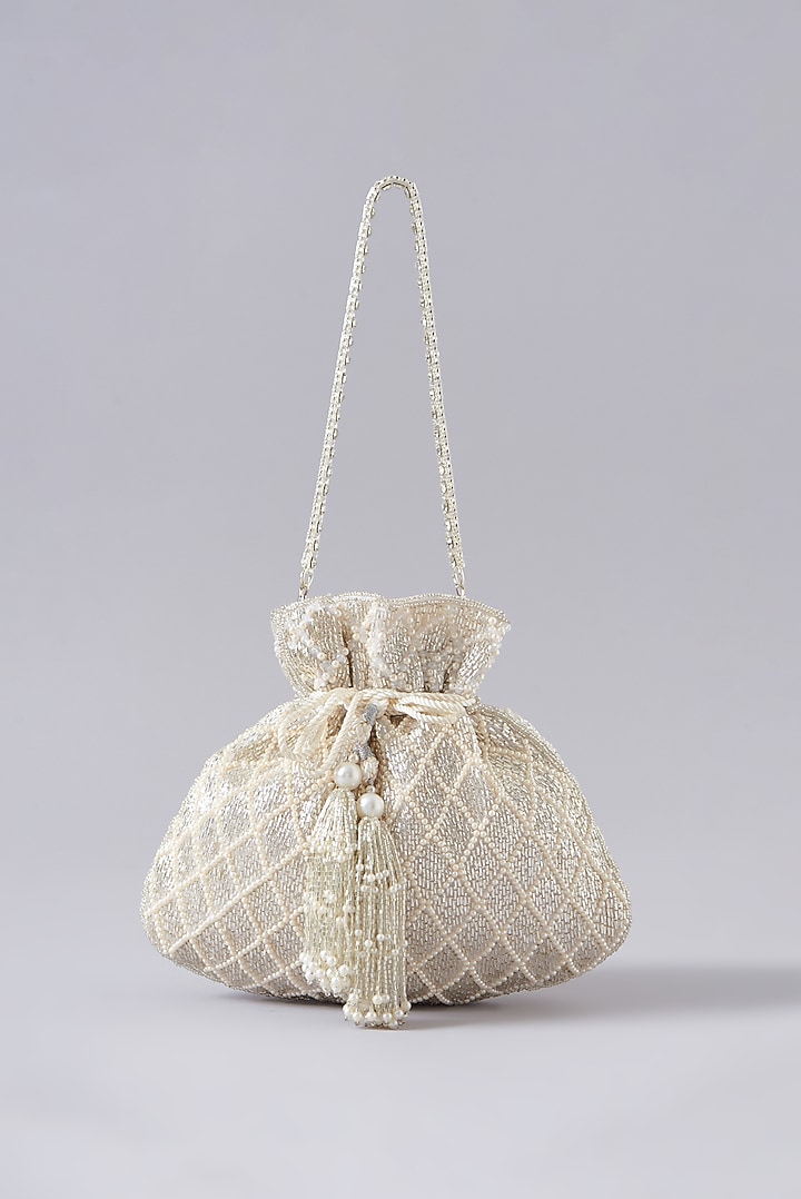 Silver Velvet & Suede Hand Embroidered Potli Bag by EENA at Pernia's Pop Up Shop