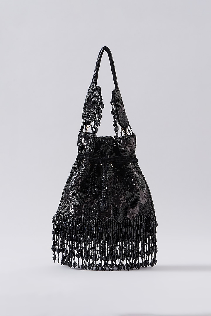 Black Velvet & Faux Suede Hand Embroidered Potli Bag by EENA at Pernia's Pop Up Shop