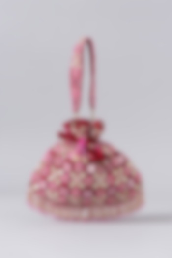 Pink Velvet Embroidered Potli Bag by EENA