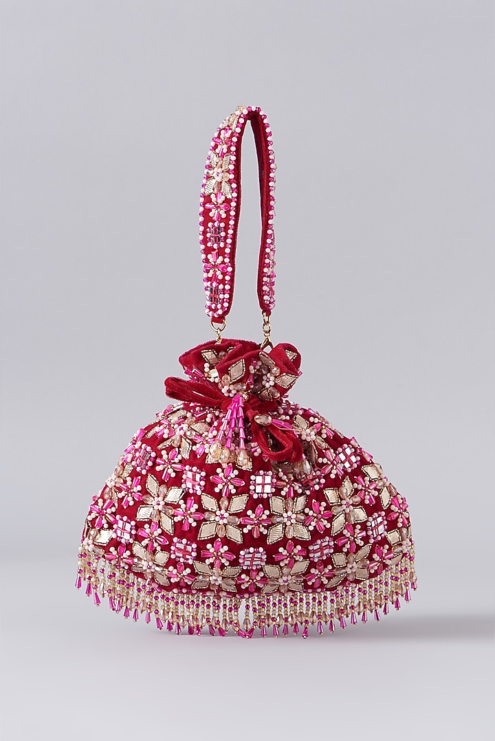 Pink Velvet Embroidered Potli Bag by EENA