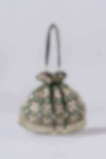 Green Velvet Embroidered Potli Bag by EENA