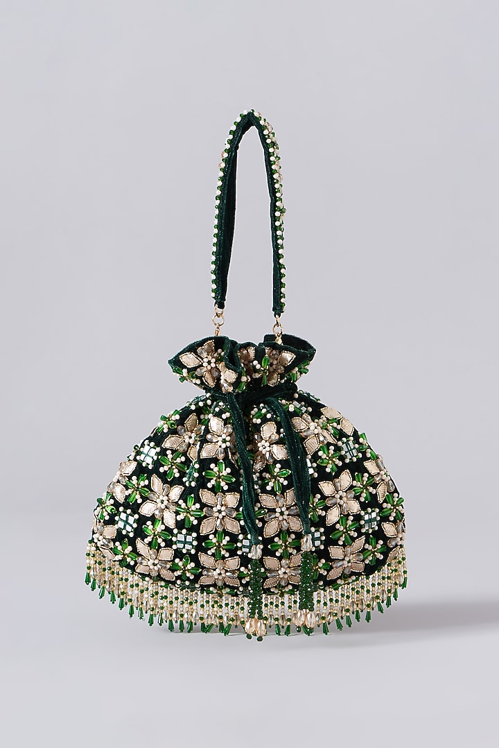 Green Velvet Embroidered Potli Bag by EENA at Pernia's Pop Up Shop