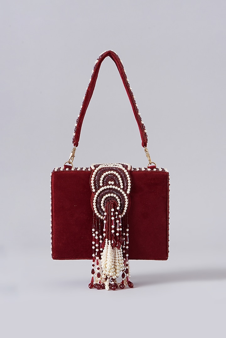 Red Faux Suede Hand Embroidered Clutch by EENA