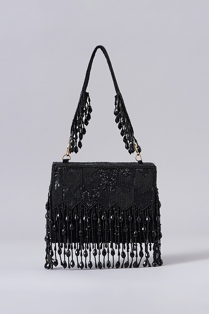 Black Velvet & Faux Suede Hand Embroidered Clutch by EENA