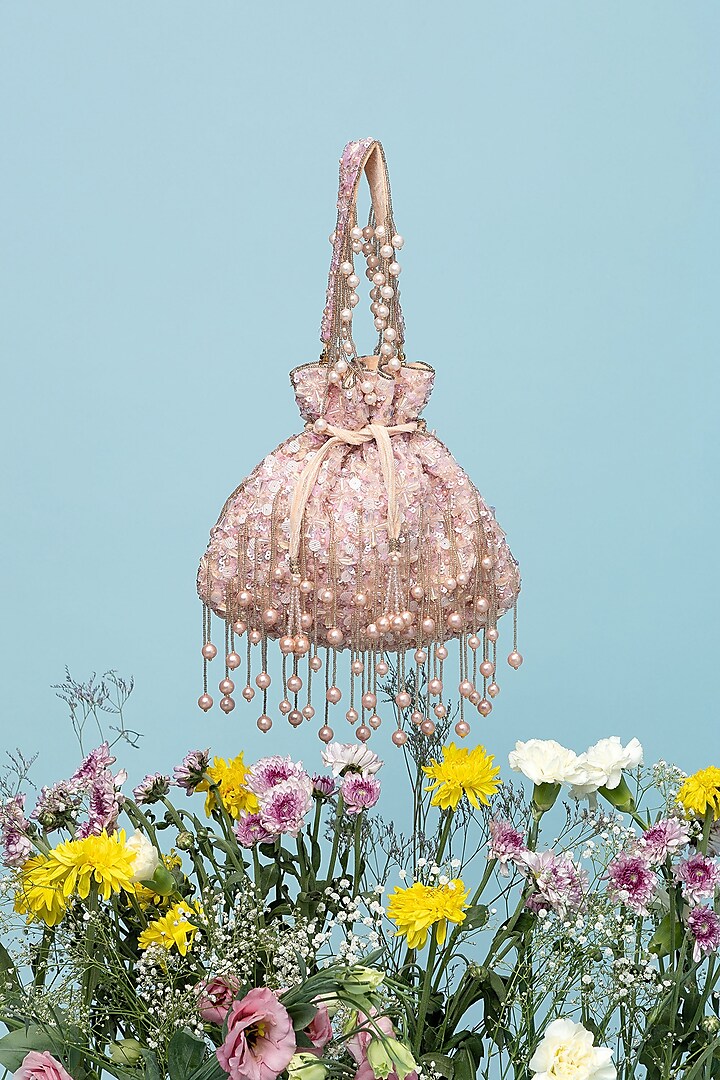 Rosegold Velvet Crystal Embellished Potli Bag by EENA at Pernia's Pop Up Shop