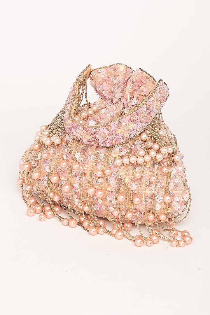 Rosegold Velvet Crystal Embellished Potli Bag by EENA at Pernia's Pop Up Shop