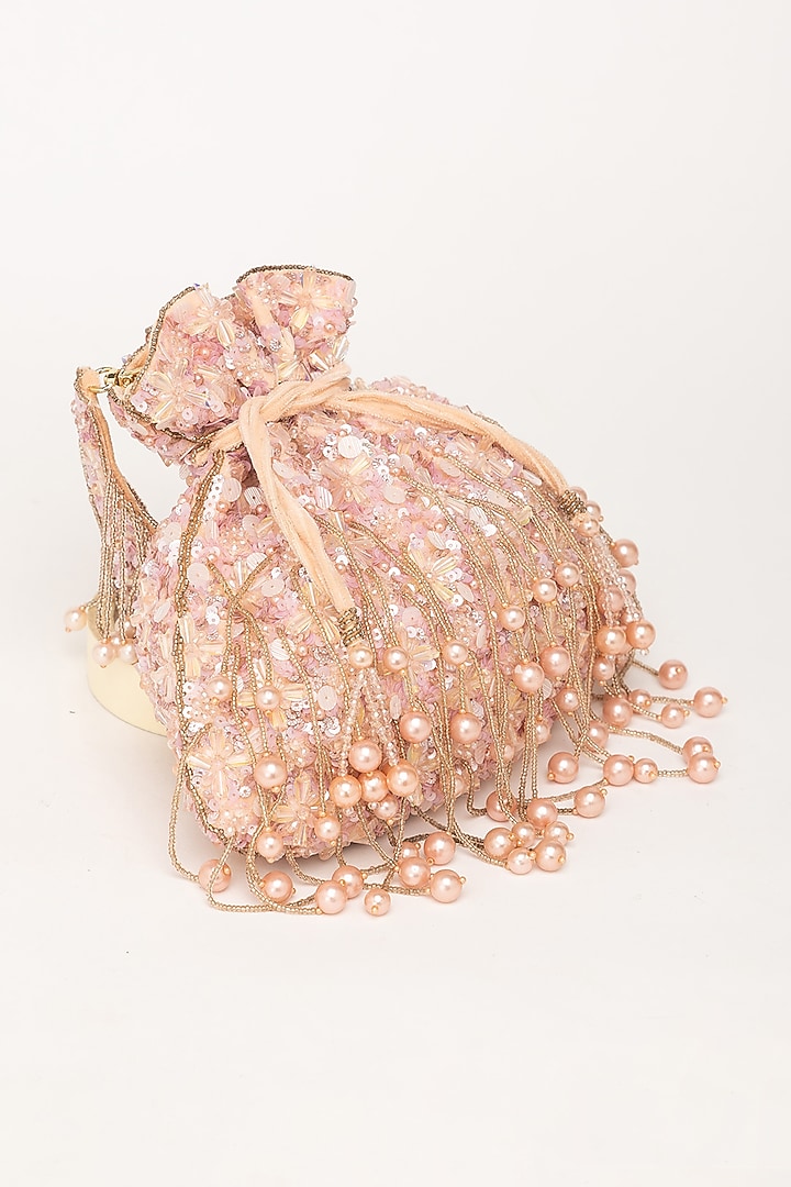 Rosegold Velvet Crystal Embellished Potli Bag by EENA at Pernia's Pop Up Shop