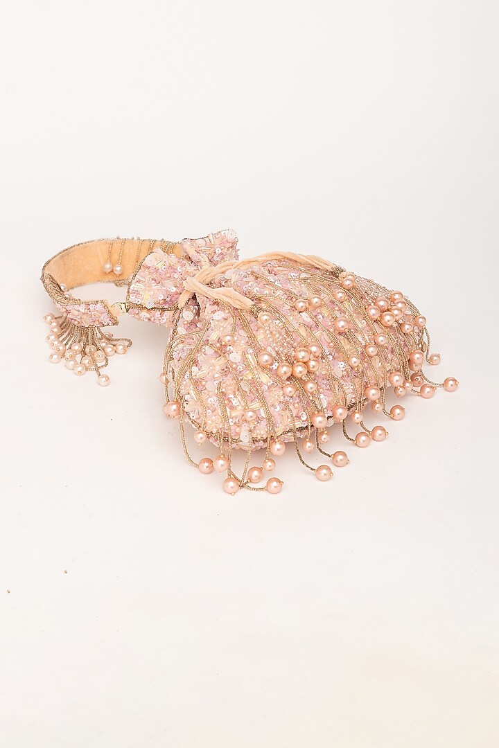 Rosegold Velvet Crystal Embellished Potli Bag by EENA at Pernia's Pop Up Shop