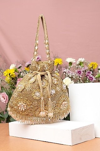 Gold Velvet Bead Embellished Potli Bag by EENA