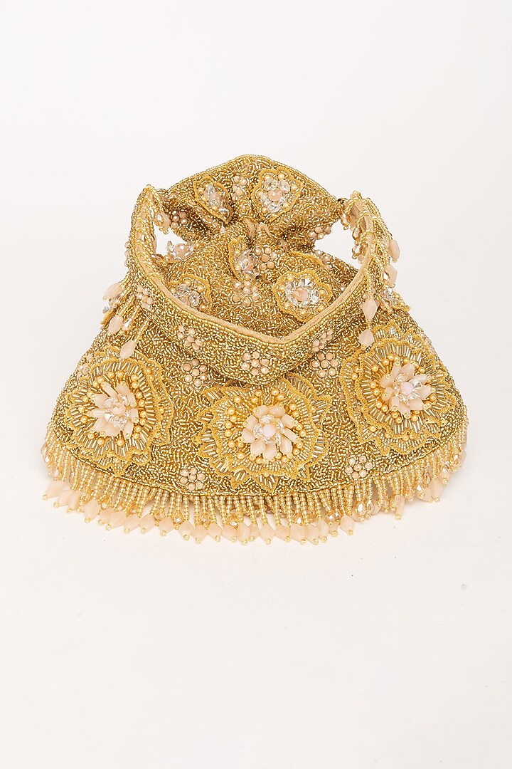 Gold Velvet Bead Embellished Potli Bag by EENA at Pernia's Pop Up Shop