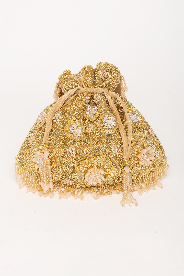 Gold Velvet Bead Embellished Potli Bag by EENA at Pernia's Pop Up Shop
