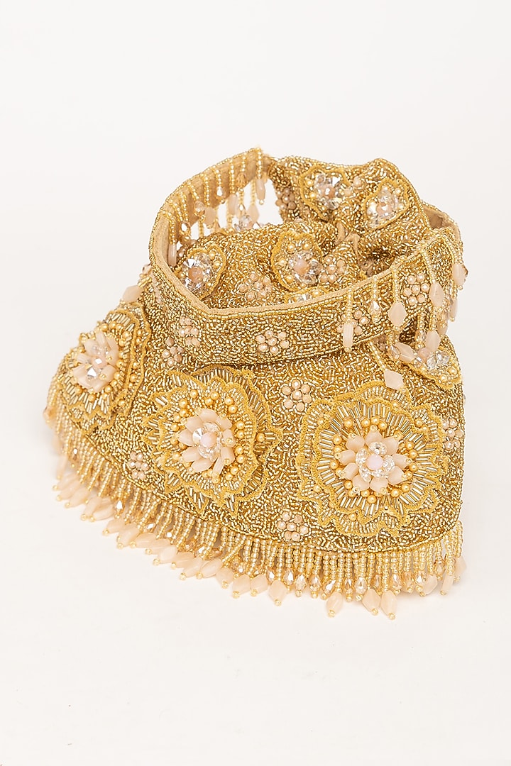 Gold Velvet Bead Embellished Potli Bag by EENA at Pernia's Pop Up Shop