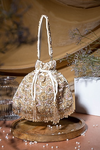 White Velvet Floral Motifs Hand Embroidered Potli Bag by EENA