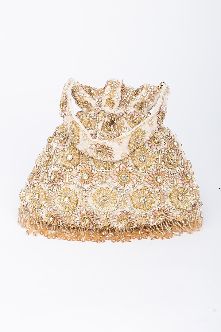 White Velvet Floral Motifs Hand Embroidered Potli Bag by EENA at Pernia's Pop Up Shop