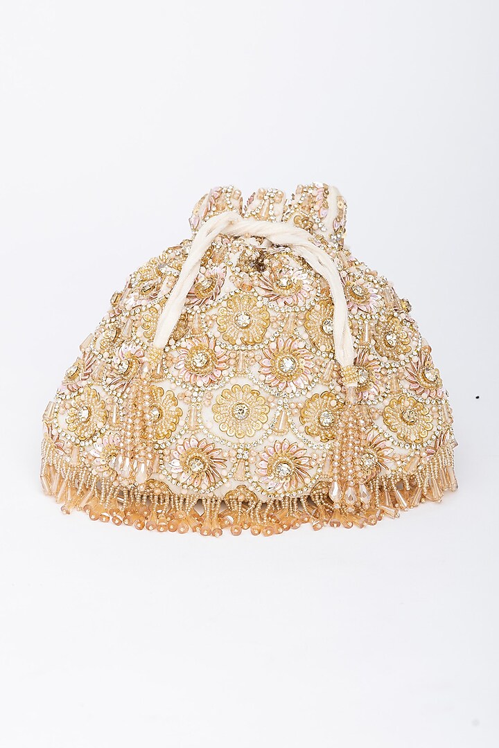 White Velvet Floral Motifs Hand Embroidered Potli Bag by EENA at Pernia's Pop Up Shop