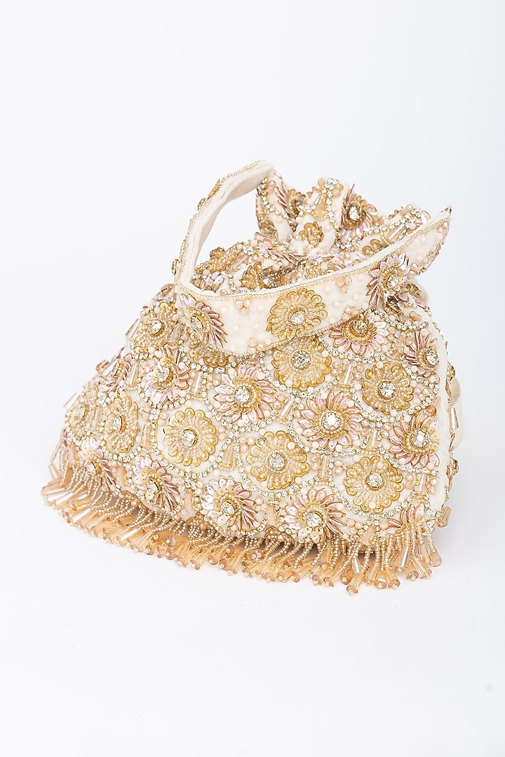 White Velvet Floral Motifs Hand Embroidered Potli Bag by EENA at Pernia's Pop Up Shop