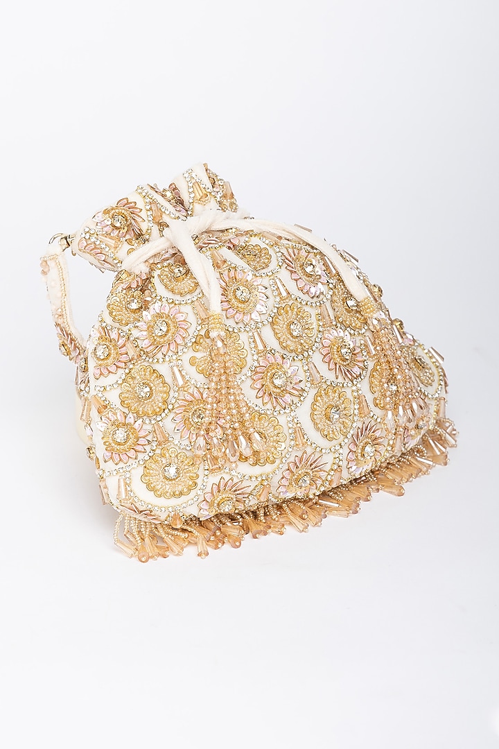 White Velvet Floral Motifs Hand Embroidered Potli Bag by EENA at Pernia's Pop Up Shop