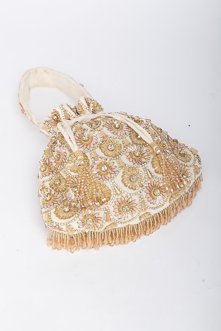 White Velvet Floral Motifs Hand Embroidered Potli Bag by EENA at Pernia's Pop Up Shop