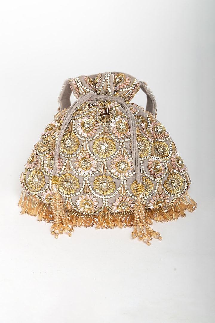 Silver Velvet Pearl Hand Embroidered Potli Bag by EENA at Pernia's Pop Up Shop