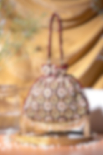 Red Velvet Pearl Hand Embroidered Potli Bag by EENA at Pernia's Pop Up Shop