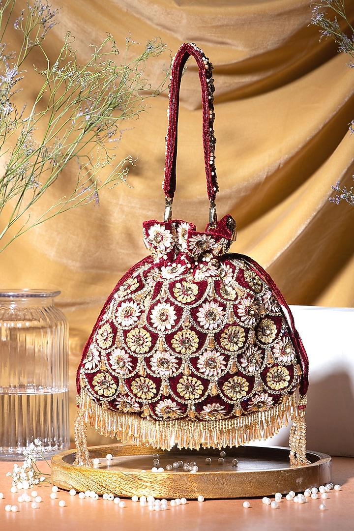 Red Velvet Pearl Hand Embroidered Potli Bag by EENA at Pernia's Pop Up Shop