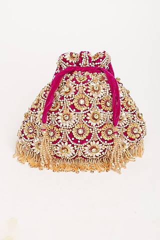 Magenta Velvet Pearl Hand Embroidered Potli Bag by EENA
