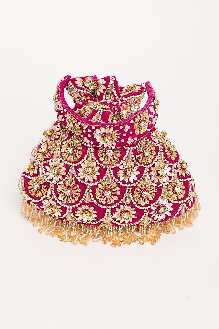 Magenta Velvet Pearl Hand Embroidered Potli Bag by EENA at Pernia's Pop Up Shop