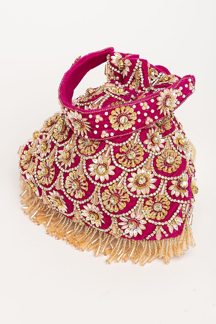 Magenta Velvet Pearl Hand Embroidered Potli Bag by EENA at Pernia's Pop Up Shop