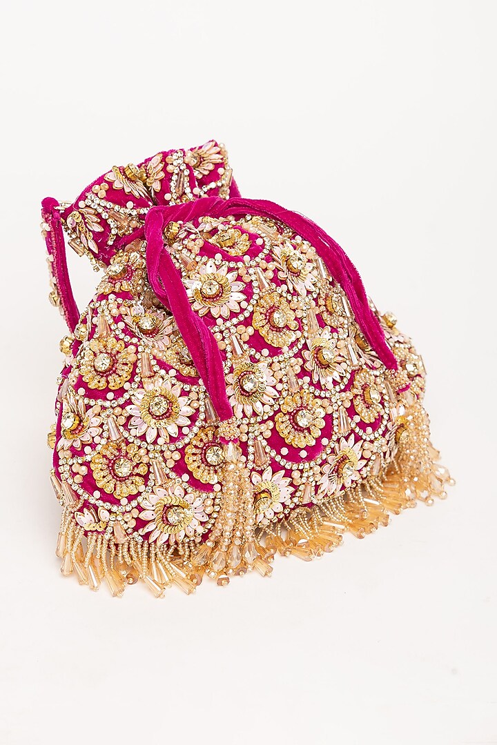Magenta Velvet Pearl Hand Embroidered Potli Bag by EENA at Pernia's Pop Up Shop