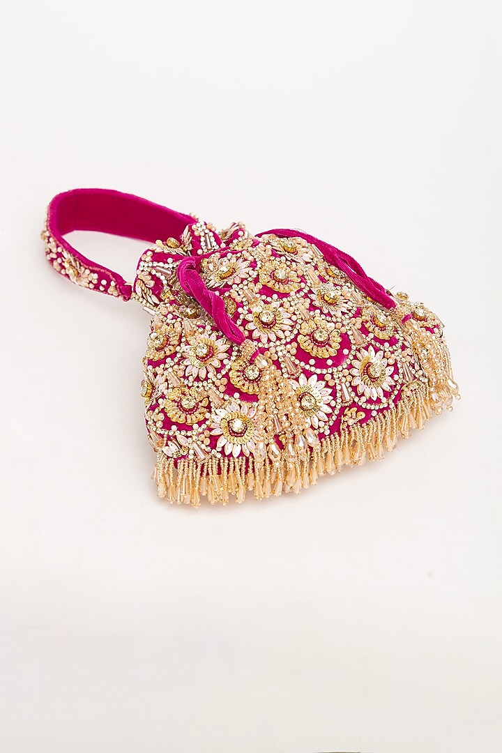Magenta Velvet Pearl Hand Embroidered Potli Bag by EENA at Pernia's Pop Up Shop