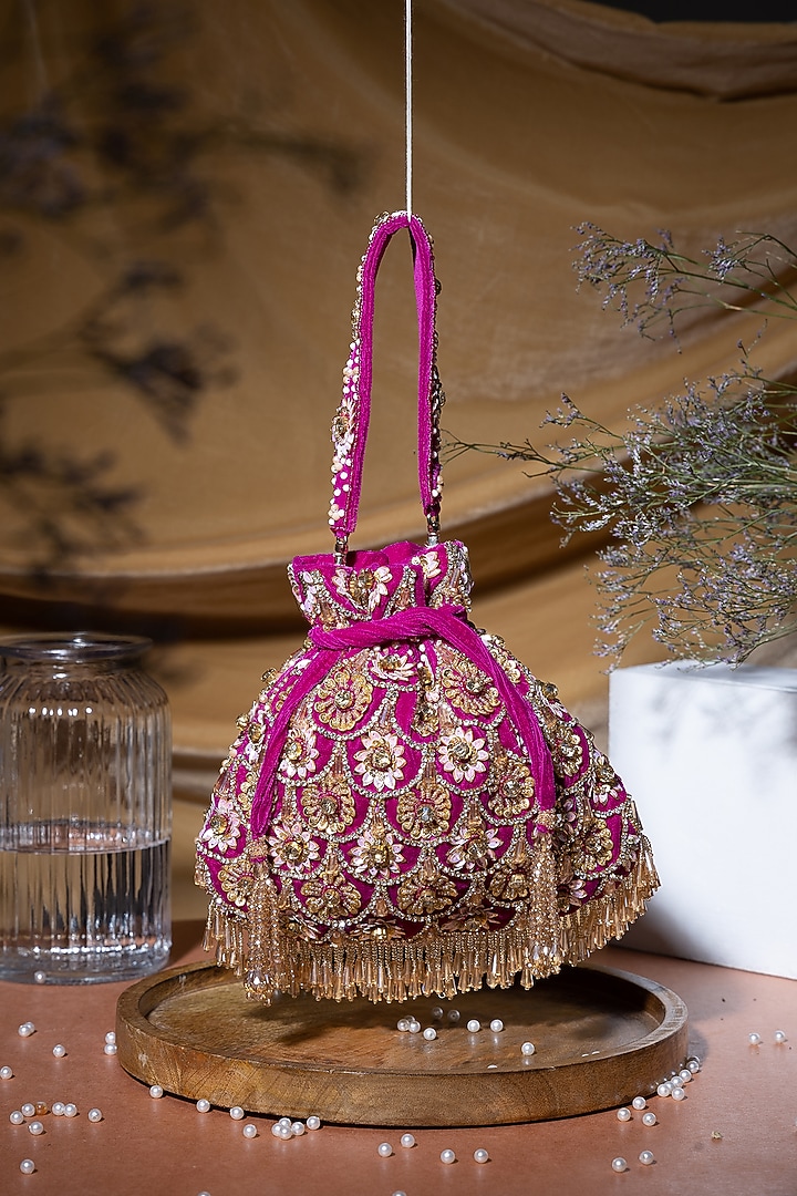 Purple Velvet Pearl Hand Embroidered Potli Bag by EENA at Pernia's Pop Up Shop