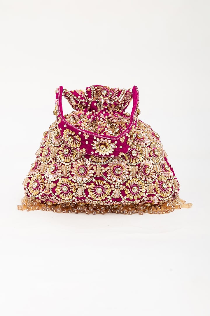 Purple Velvet Pearl Hand Embroidered Potli Bag by EENA at Pernia's Pop Up Shop