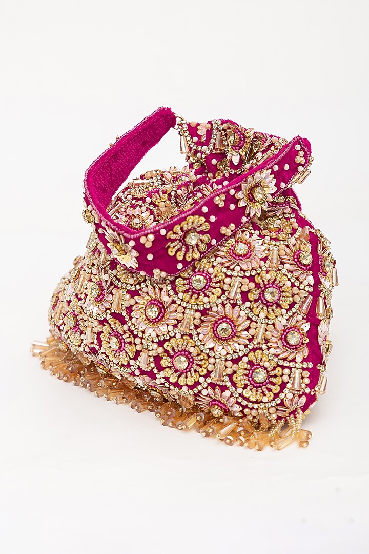 Purple Velvet Pearl Hand Embroidered Potli Bag by EENA at Pernia's Pop Up Shop